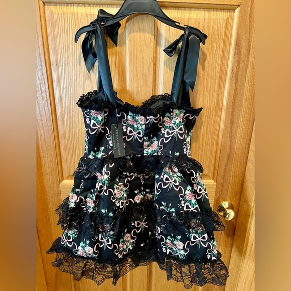 NWT Widow Bewitched Bloom Mini Dress w/ Petticoat Corset Satin Shoulder Ties - Picture 11 of 16